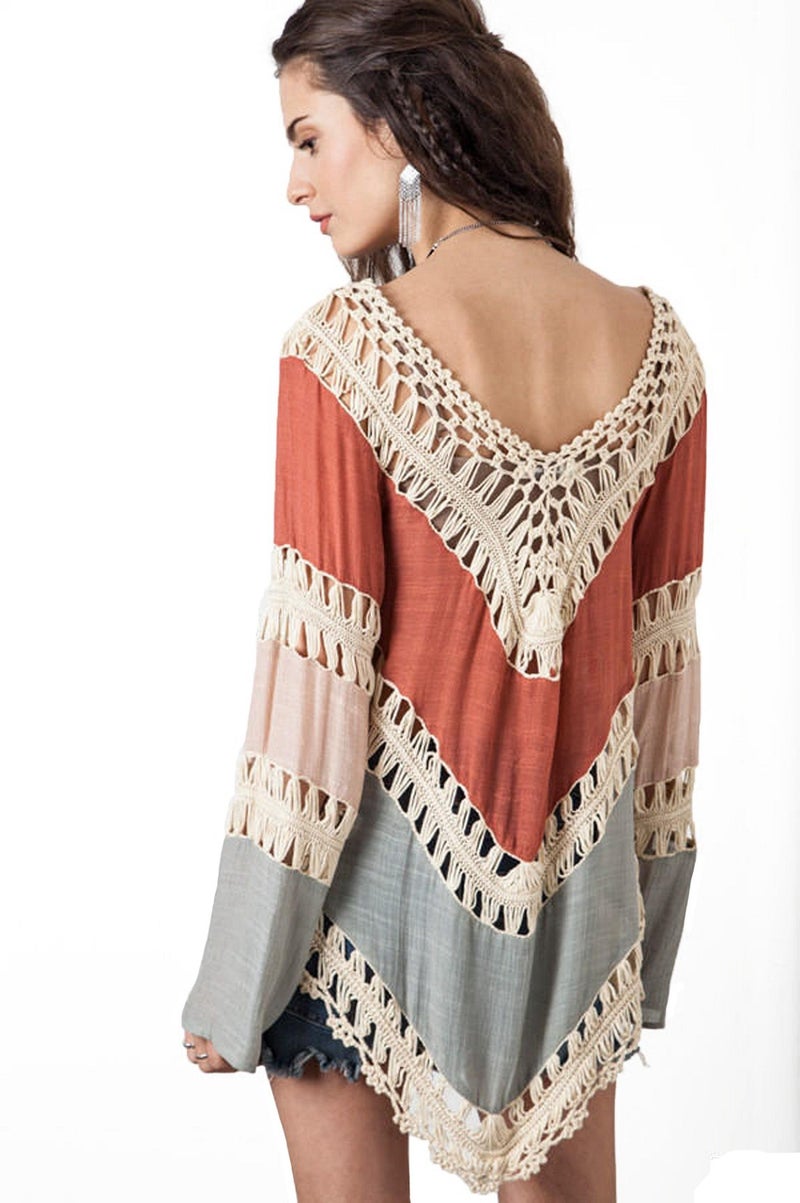 Vanbuy Women s Bohemian Crochet Shirt Tunic Tops Blouses Beach Bikini Coverup Z01-91-Orange - Image 3